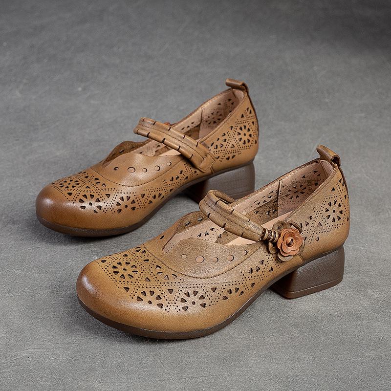 Hohle, atmungsaktive Damen-Sandalen, echtes Leder, Retro-Med-Heels, Pumps, bequeme Schuhe mit runder Zehenpartie