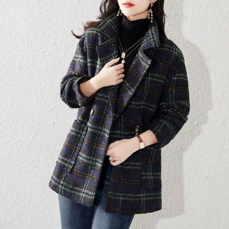Winter Women Korean Loose Wool Clothes Plaid Wide-waisted Formal Cashmere Coat And Jackets Casual