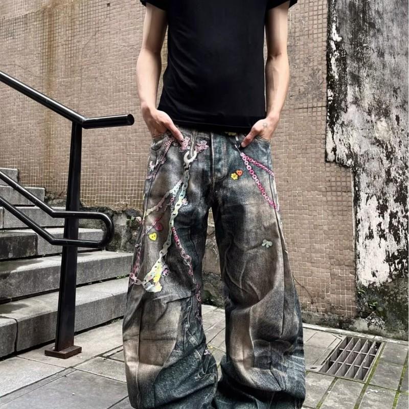 Vintage Heavyweight Denim Pants With Chain Print Unisex Oversized Hiphop Streetwear Wide Leg Trousers