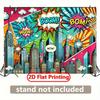 A 2D flat colorful comic city skyline background banner, with dimensions of 243.84 cm × 182.88 cm