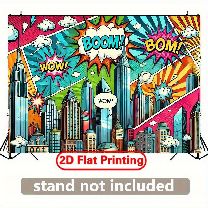 A 2D flat colorful comic city skyline background banner, with dimensions of 243.84 cm × 182.88 cm