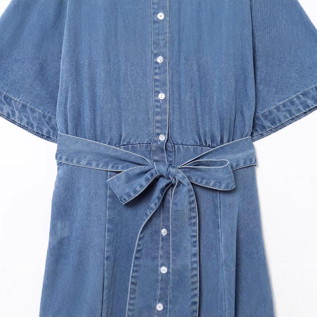 Rochie maxi din denim cu cordon în talie, stil european și american pentru femei, primăvara 2025, cu fustă cloș