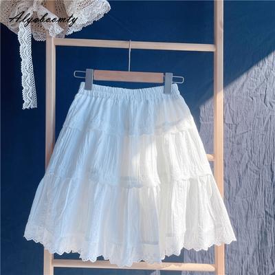 Japanische Mori Mädchen Sommer Frauen Weiß Mini Rock Elastische Taille Baumwolle Stickerei Aushöhlen Rock Nette Kawaii Süße Kurze Röcke