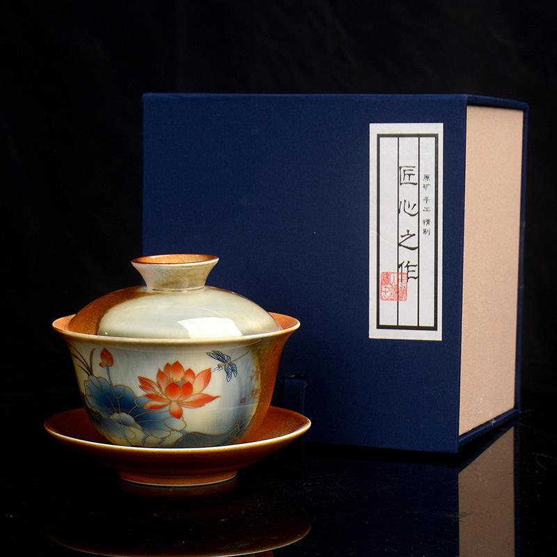 Hand Painted Lotus Gaiwan Ceramic Porcelain Tea Tureen Bowl Rotatable Lid Saucer Vintage Teacups Tea Ceremony Teaware Drinkware