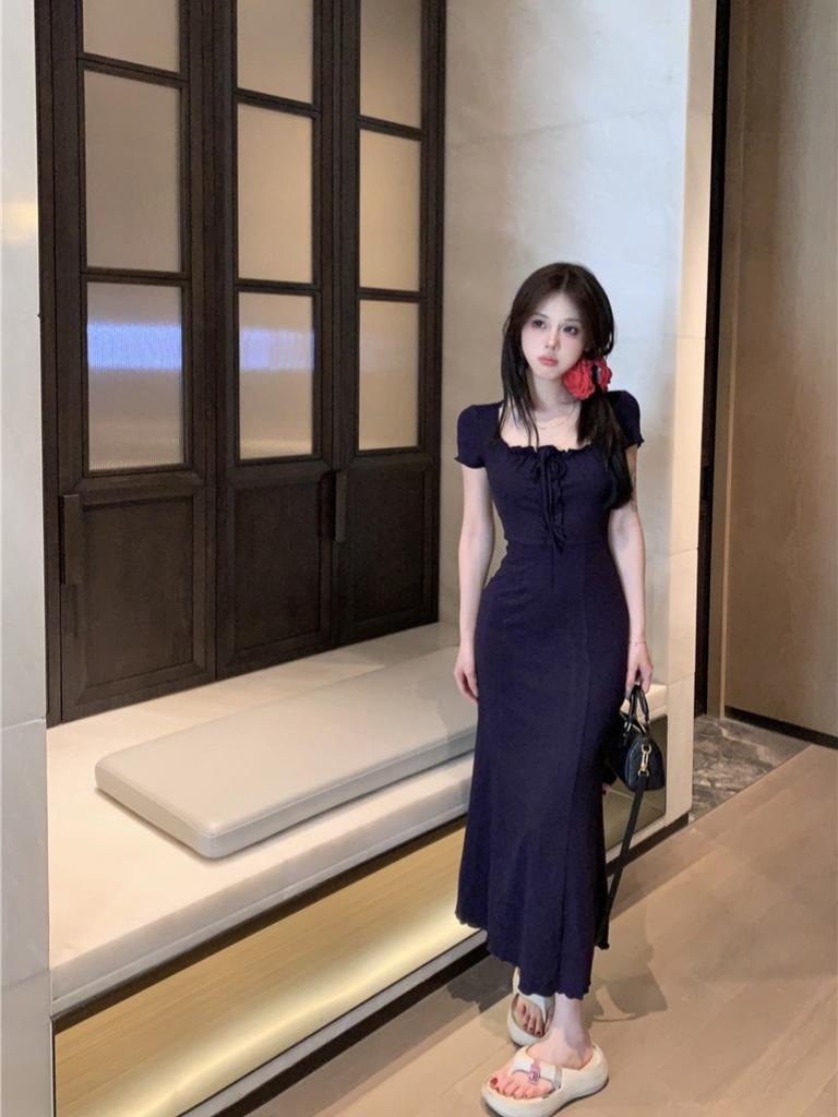 navy blue square neck dress female summer spice girl slim waist pure desire little mother wind hip fish tail dress