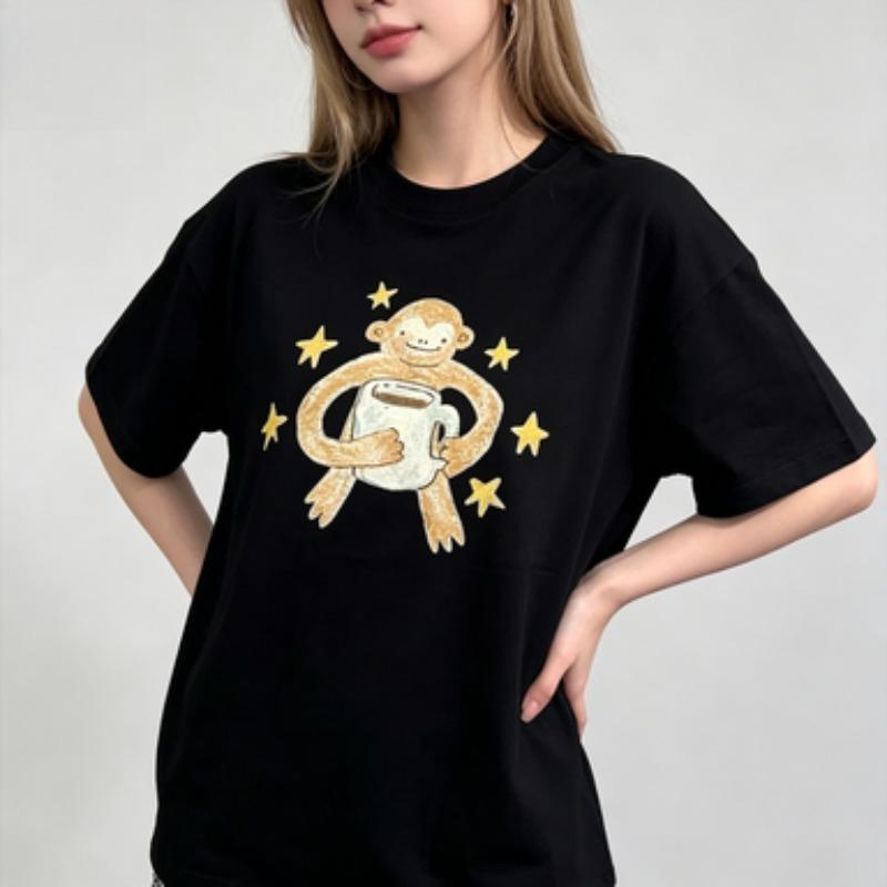 100 Cotton Unisex Round Neck T Shirt Cute Hand Drawn Monkey Hold Cup With Yellow Stars Print Short Sleeve Loose Casual Tee