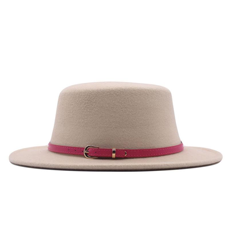 Hat Women's Woolen Top Hat Autumn and Winter Solid Color Retro Gentleman British Style Flat Top Belt Accessories Felt Hat