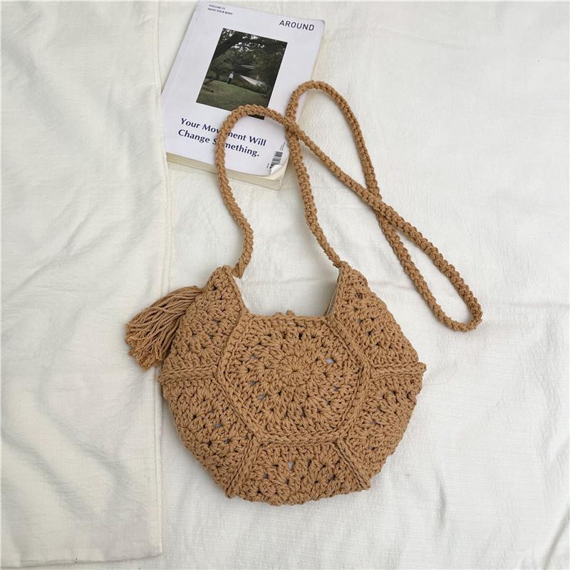 Hand Knitted Bag Women's Lightweight French Artistic Handbag Bucket Woven Shoulder Bag Semicircle Handheld Bag KTB