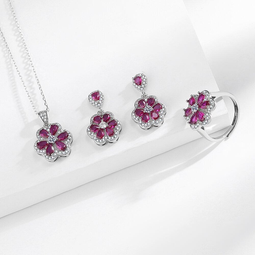 New Inlaid Red Corundum Water Drop Classic Shiny High-end Full Diamond Stud Earrings Ring Necklace Set Ring Size:Adjustable