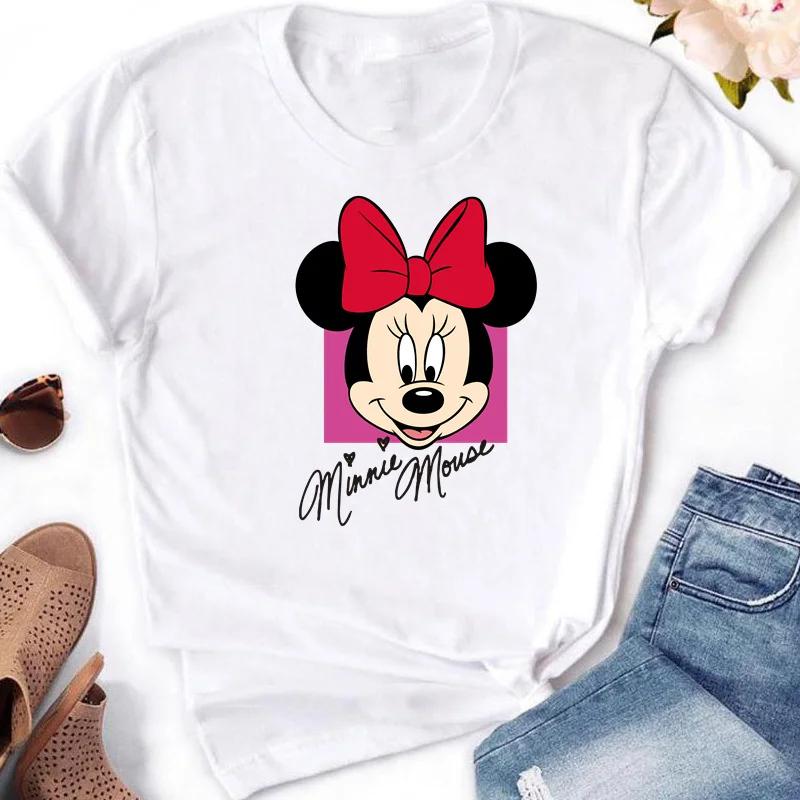 2025 Disney Top Casual Bianco a Manica Corta con Girocollo e Stampa Moda Top Mickey Minnie Mouse per Abbigliamento Donna Ragazza