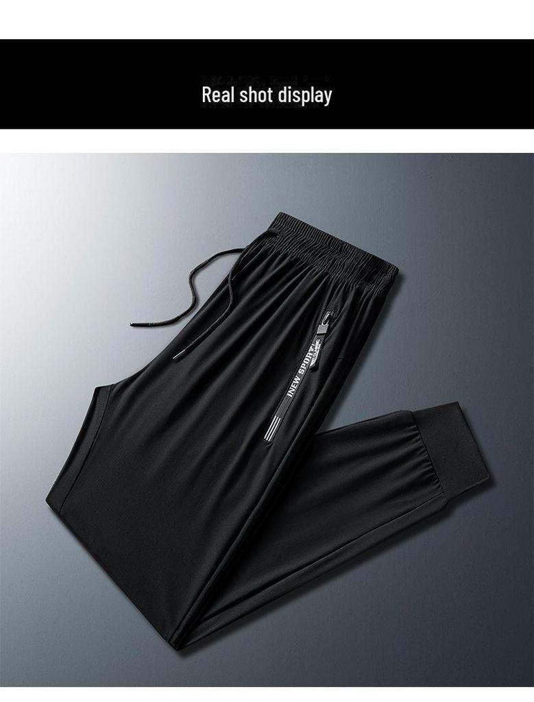 Pantaloni della tuta casual estivi da uomo in seta ghiacciata, sottili e traspiranti, con gamba dritta, tasche con cerniera e polsini.