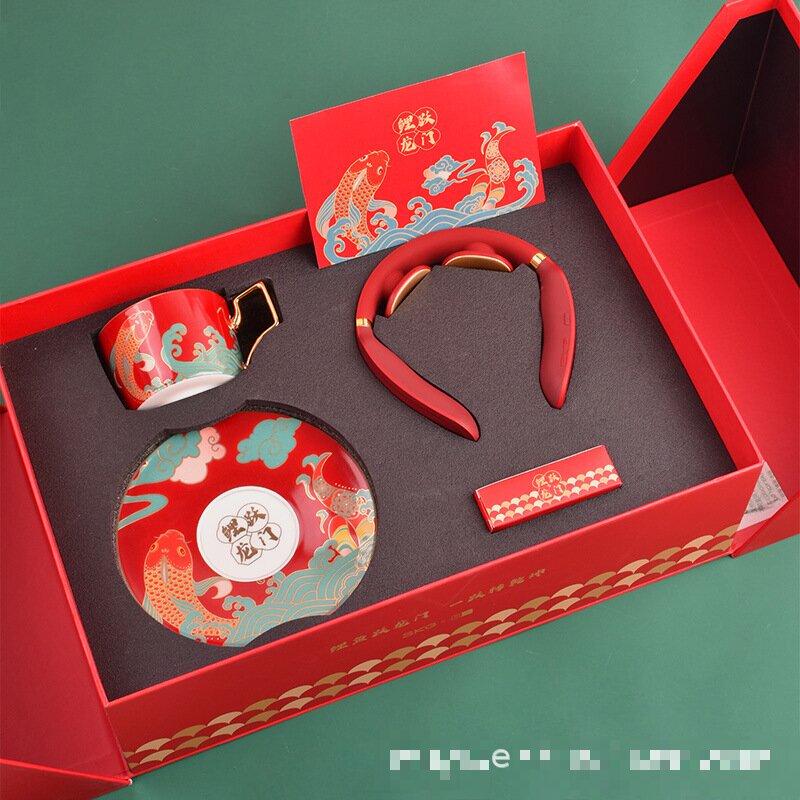 Wuyi Guochao  Carp Leaping Dragon Gate  Red Ceramic Coffee Cup Gift Set SKG Neck Massager & Greeting Card Set