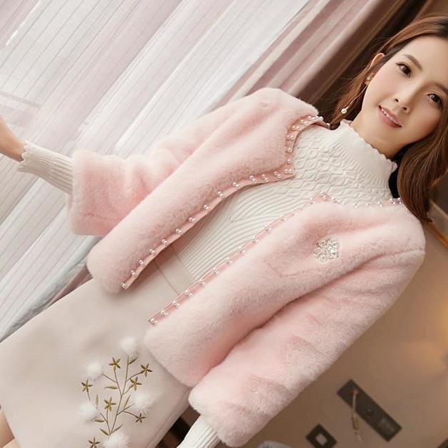 Autumn and Winter Clothing Fluffy Beaded Imitation Fur Jacket New Slim-fit Round Neck Lady Top Women's Coats