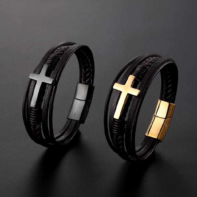 European American Stainless Steel Bracelet Men Crucifix Bracelet Leather Bangle