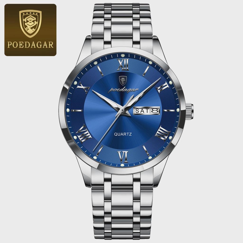 POEDAGAR Luxury Man Clock Waterproof Luminous Week Date Fashion Men's Wristwatch Stainless Steel Business Quartz Watches For Men