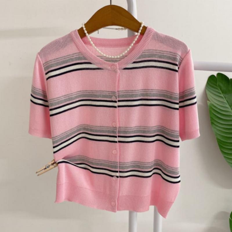 Honey J Women Tezert Color Block Stripe Short Sleeve Cardigan  4 Colors 