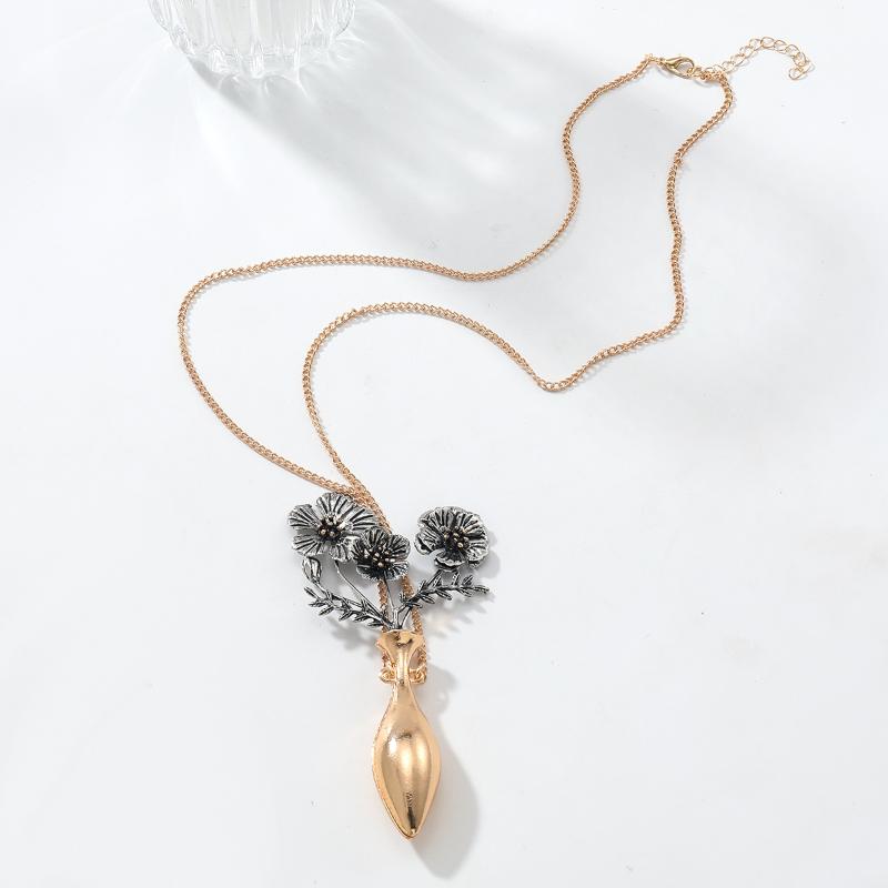 Personalized Design Flower Metal Pendant Necklace Exaggerated Flower Vase Earrings Brooch For Women Holiday Party Jewelry Gifts