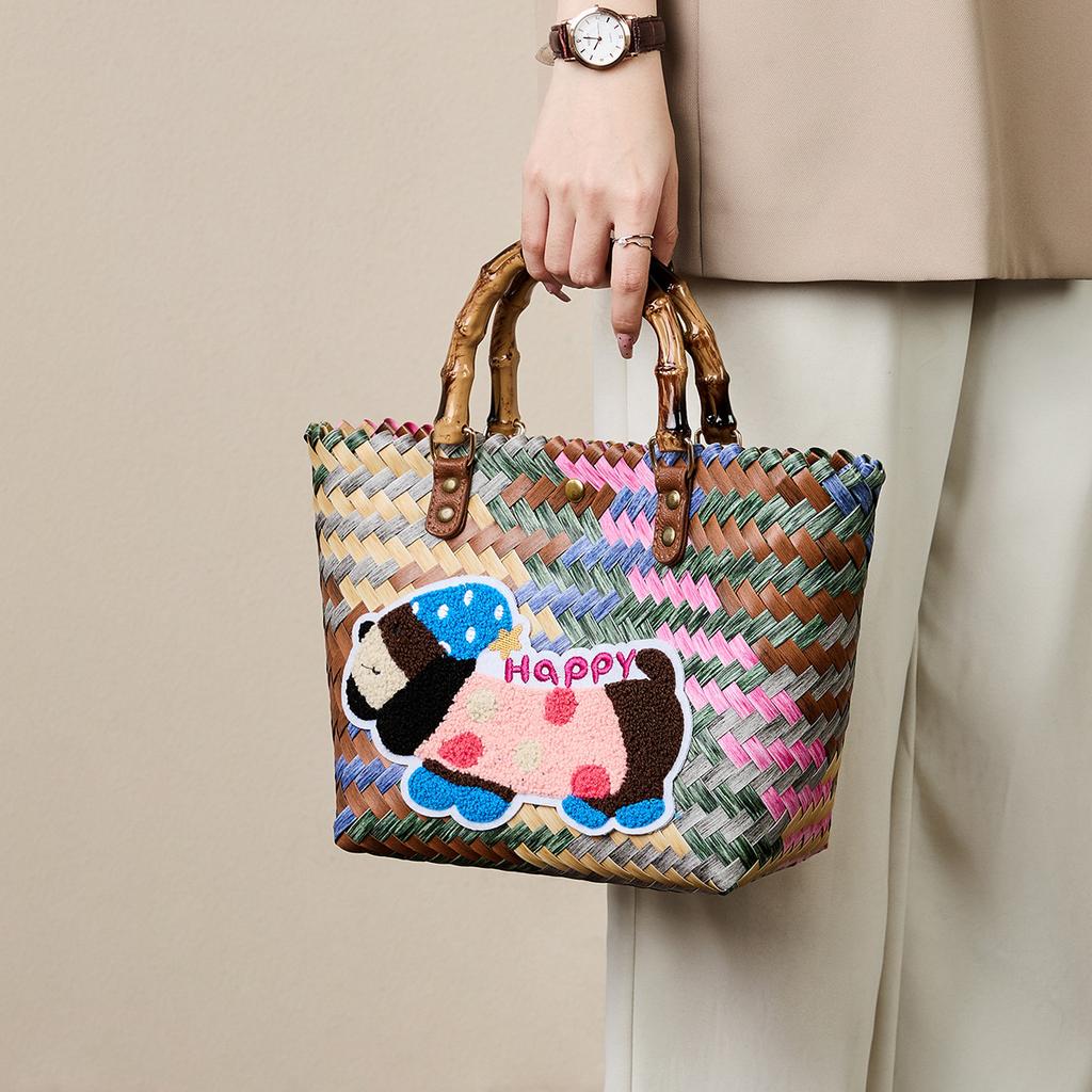 2025 New Dachshund Handwoven Bag Vegetable Basket Rattan Handbag Office Sundries Small Tote Picnic Bag