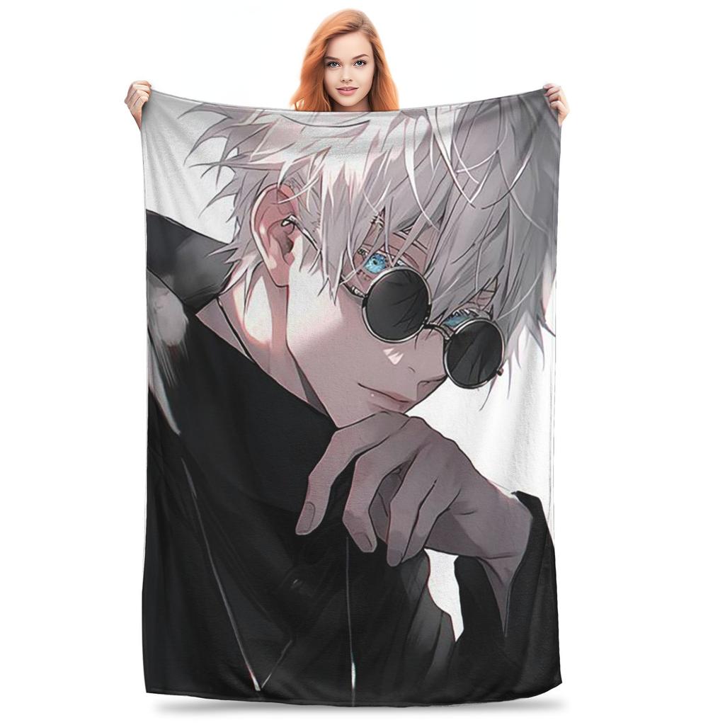Flannel Throw Blanket Gojo Satoru Anime Jujutsu Kaisen Warm Plush Blankets Soft Bedding for Bed Living room Home Picnic Couch
