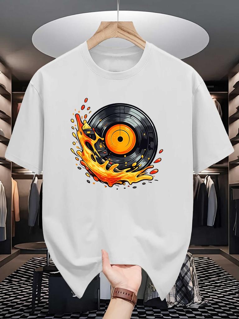 Hot Flame Vinyl Record Print Unisexs Crew Neck T Shirt Retro Music Lover Graphic Short Sleeve Casual Cotton Streetwear Tees