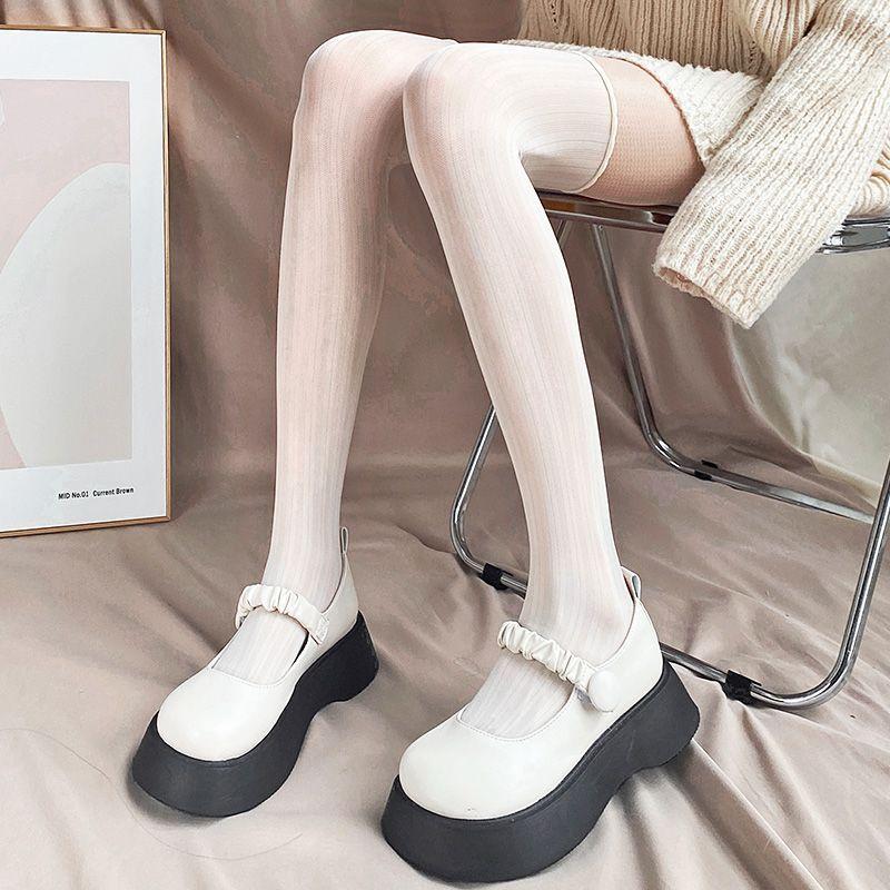 Japanese-style Vertical Stripe Spliced Stockings for Women Summer Thin Style Sweet and Dark Black Silk Sexy Pantyhose