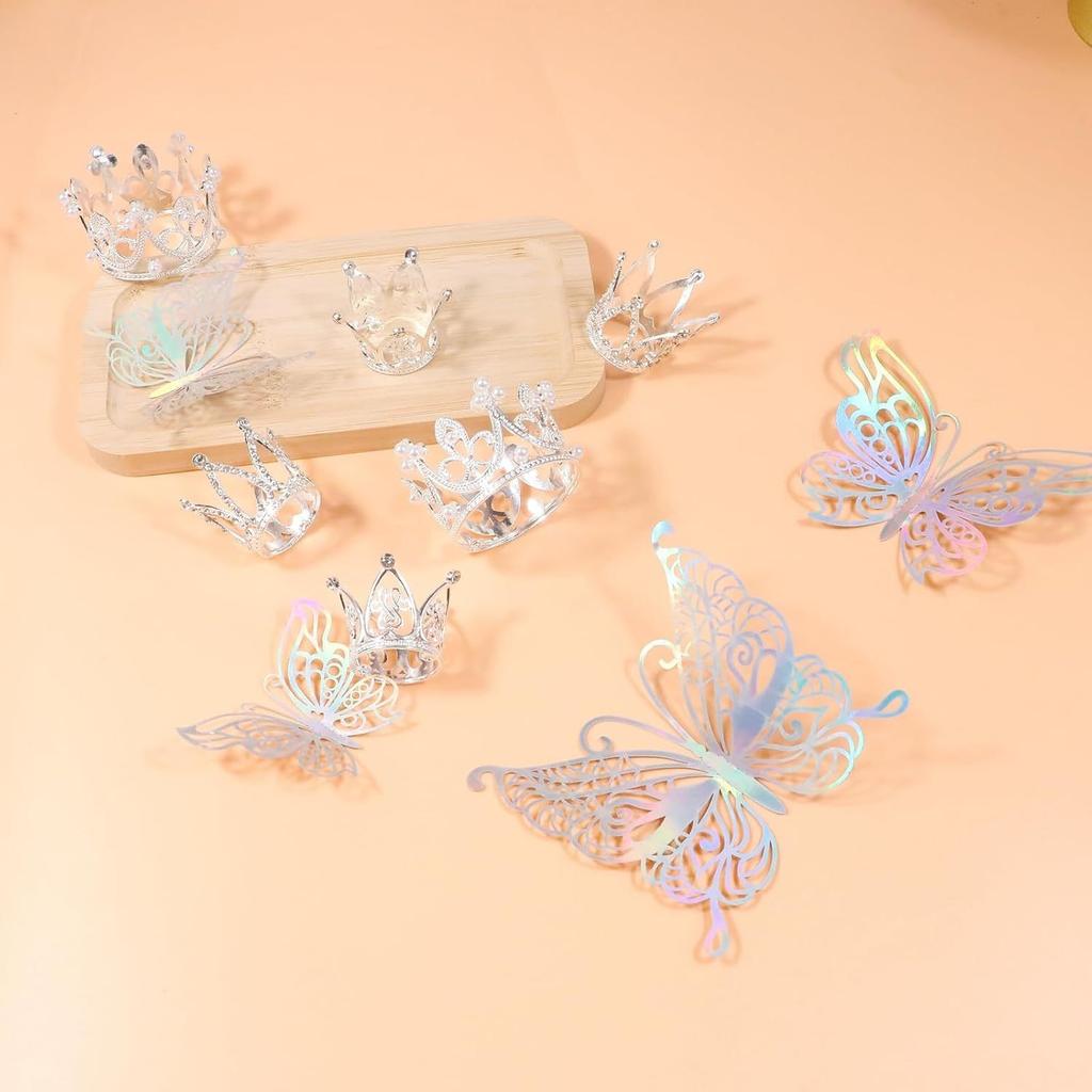 9PCS Crown Cake Topper Mini Tiara with 3D Butterfly Decoration Vintage Pearl Rhinestone Crown Cake Topper Cupcake Topper Cake Decoration