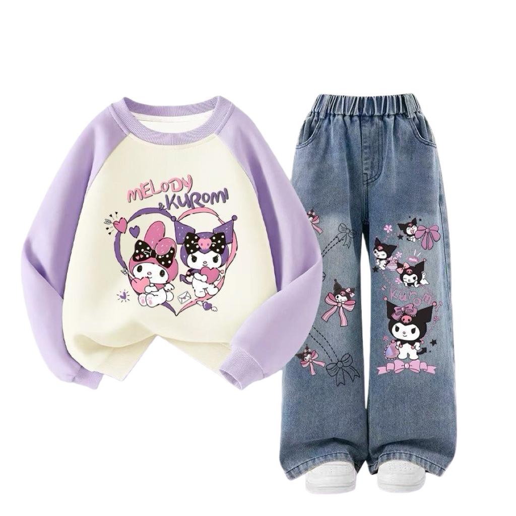 2025 Kuromi Girls' Autumn/Winter Two-Piece Set: Round Neck Sweatshirt & Straight Leg Jeans