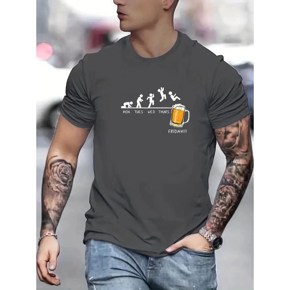 Summer men's 100% cotton casual loose size Jumping In Beer print round neck short sleeved T-shirt top