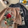 Pure Cotton American Retro Old Washed Black Brown Casual Elegant Rose Print Oversize Loose Short-Sleeved T-Shirt