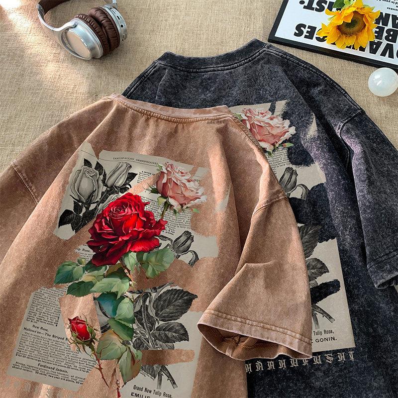 Pure Cotton American Retro Old Washed Black Brown Casual Elegant Rose Print Oversize Loose Short-Sleeved T-Shirt
