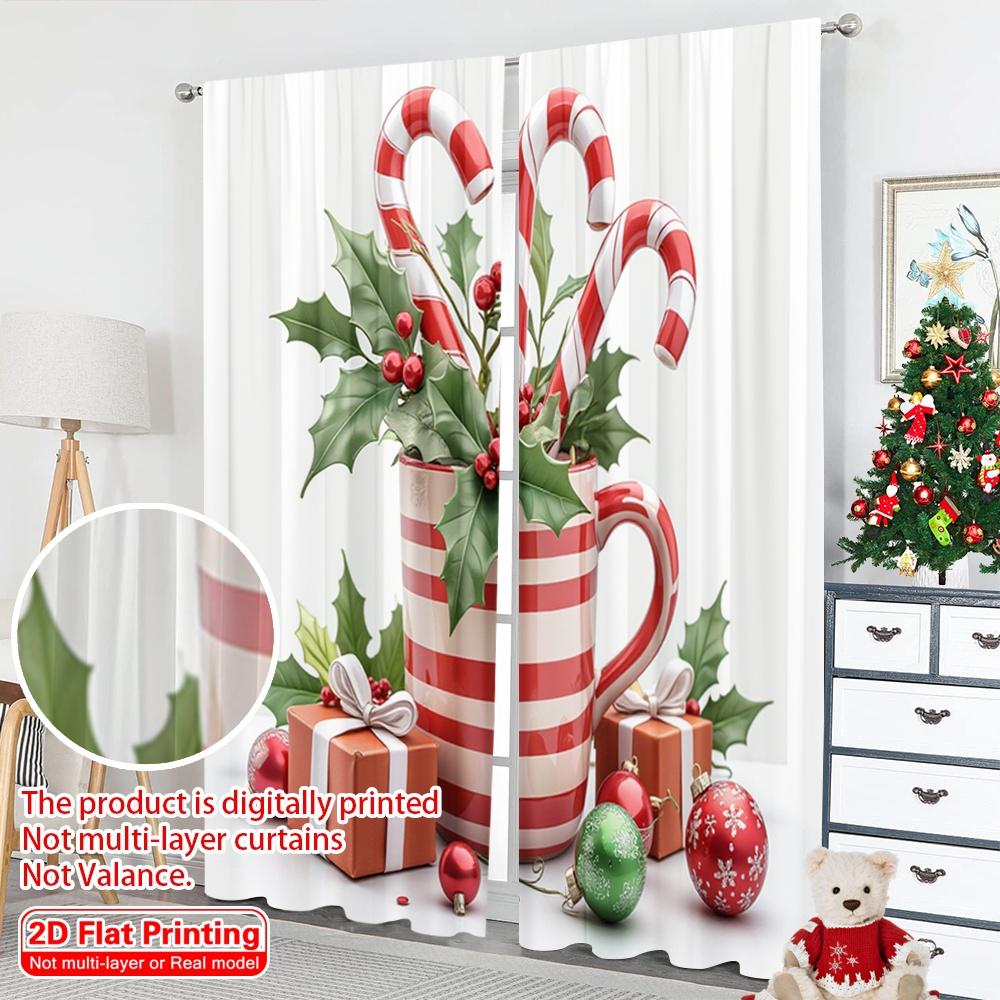 2pcs 2D Flat Printing Christmas Window Curtains Christmas Cup Candy Canes Holly Polyester Fabric Without Electricity Party &