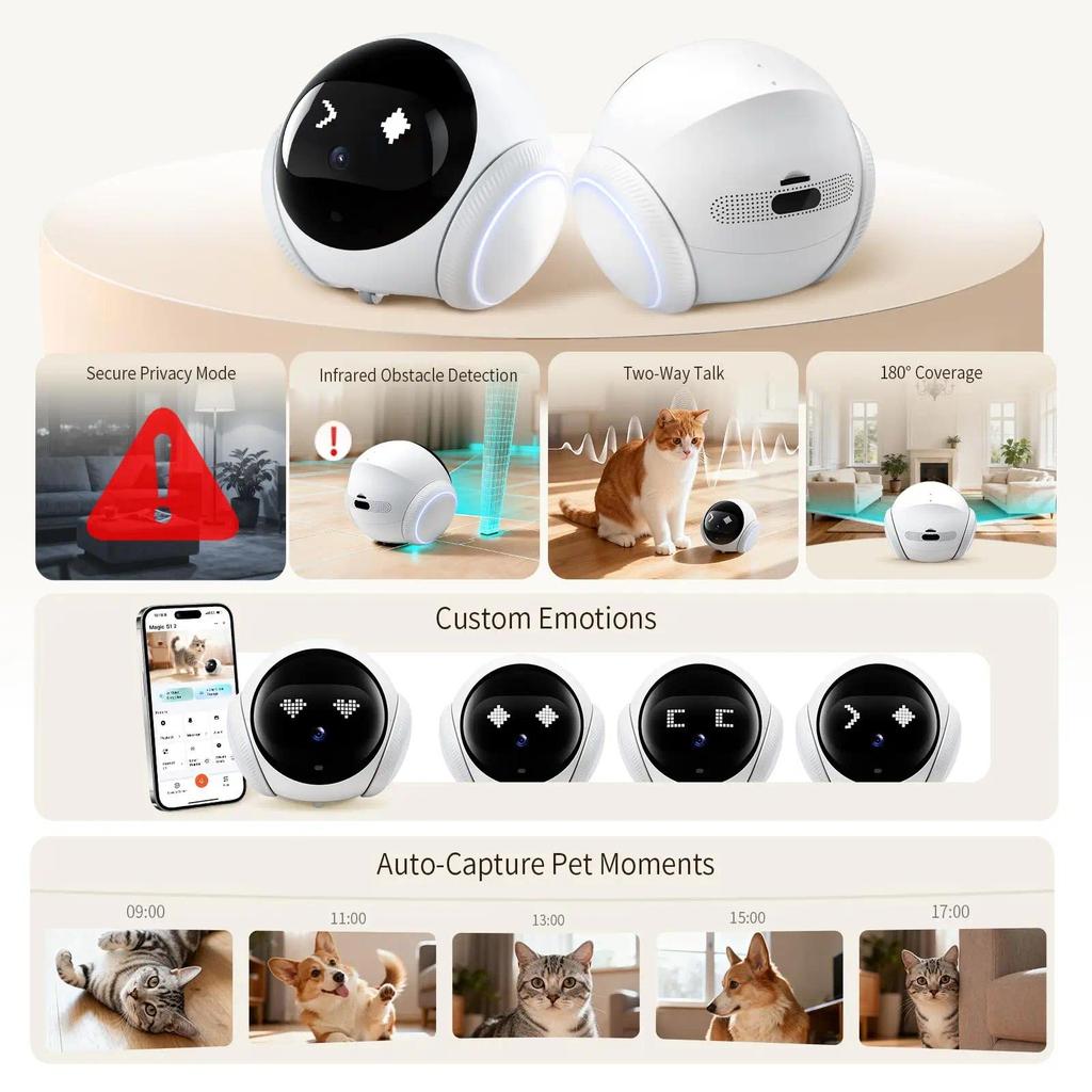 TUYA APP Magic S1 Mini Robot Camera HD 2K WIFI 5G Telecamera per Animali Domestici Mobile Ricarica Automatica LED Interfono Bidirezionale Visione Notturna Tracciamento Animali Domestici CCTV