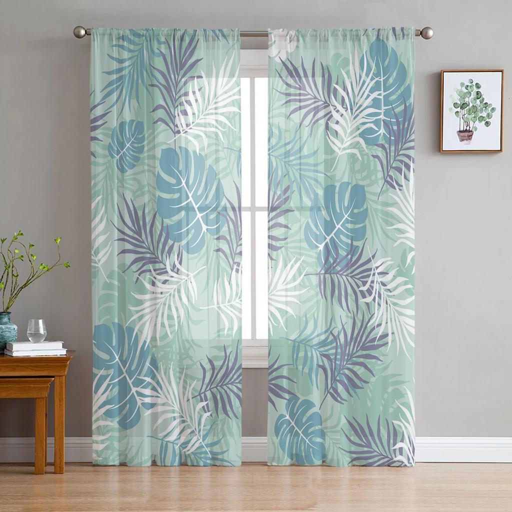 Luxury Tropical Plants Monstera Palm Leaves Curtains Living Room Printed Tulle Window Curtain Home Balcony Decor Drapes With Sheer Polyester Perfect