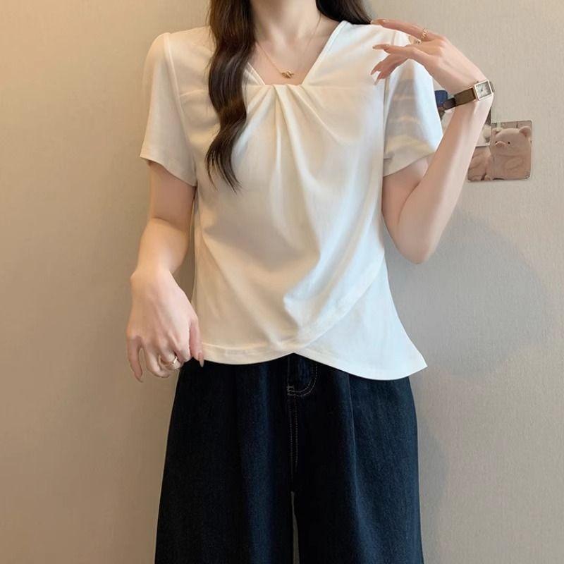Summer New Temperament V-neck Short-sleeved T-shirt Women's Slim Casual and Versatile Top