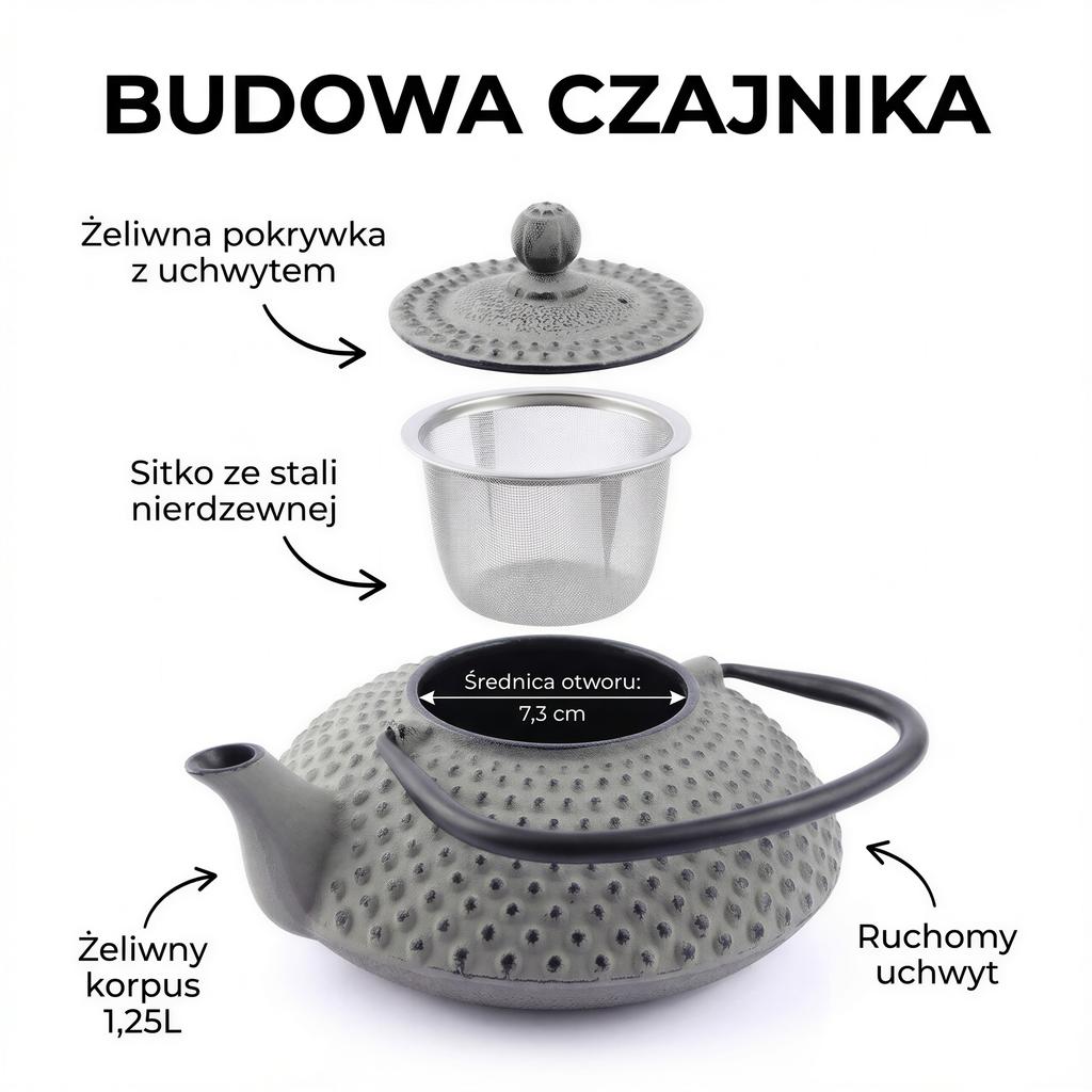 Cast Iron Tea Set Kettle 1.25L Steel Strainer Gray