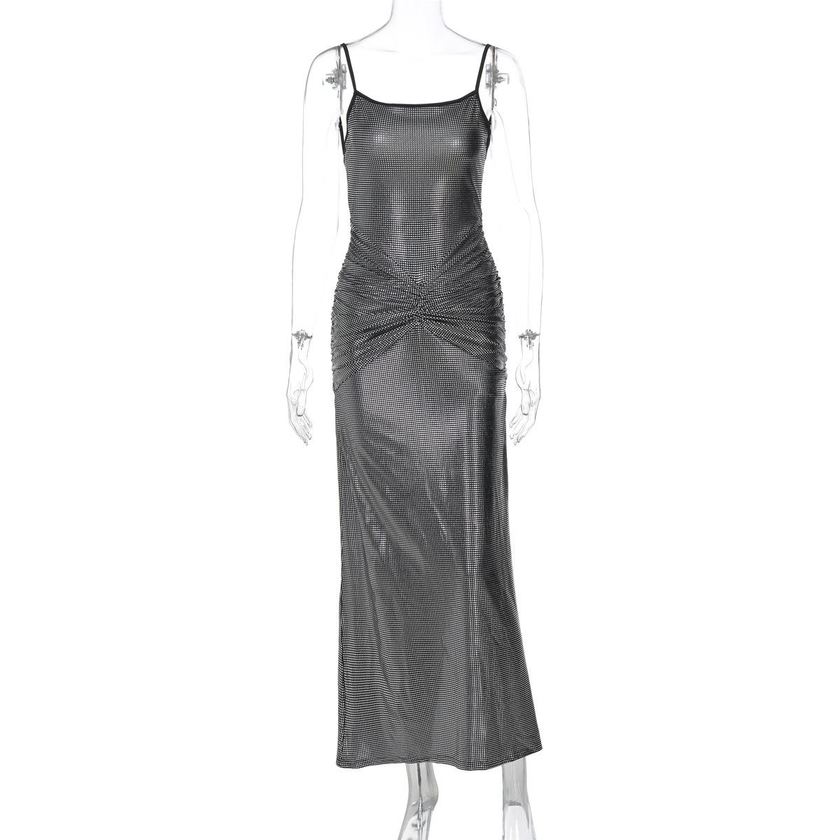 European and American style 2026 summer new women s clothing sexy backless bronzing pleated slim temperament suspender dress S