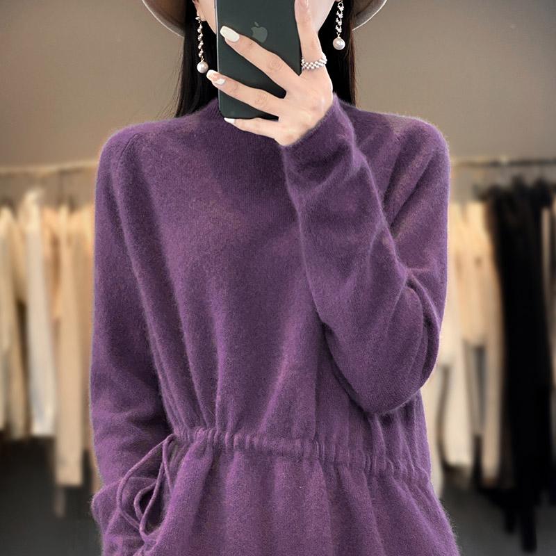 High-Neck Pure Wool Drawstring Sweater - Women's Autumn/Winter Loose Cashmere Knit