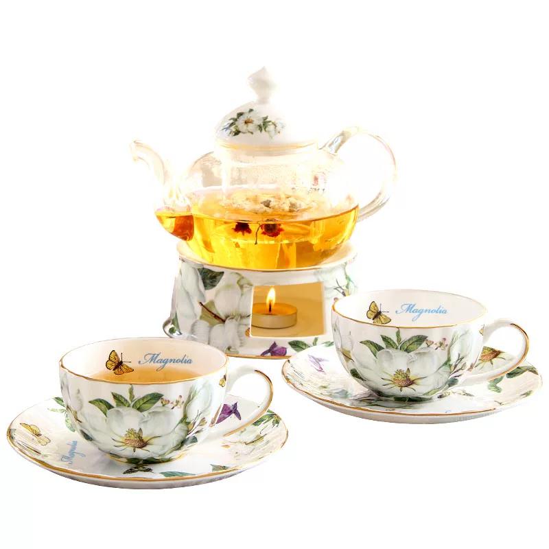 Magnolia Vlinder Bloemen Theeservies, Glazen Theepot met Onderzetter, Bone China Theekopjes Schoteltjes, Elegante Fruit Bloemen Theepot Set voor Afternoon Tea Huisdecoratie