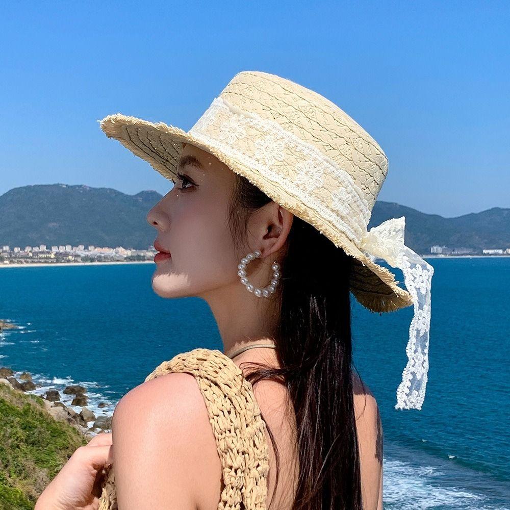 Lace Flower Straw Hat Solid Fringe Extended Brim Beach Straw Hat Breathable Material Elegant Style Sun Protection Hat