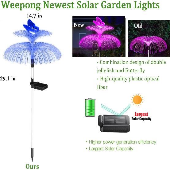 1pc Solar Garden Lights Waterproof Outdoor Decorative 7 Color Changing Double Jellyfish and Butterfly Flower Garden Decor Yard Christmas Pool Outdoor