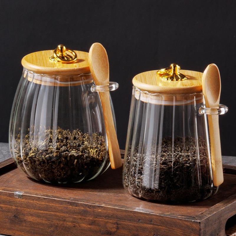 Contenants Alimentaires Hermétiques Pots de Stockage Pot en Verre avec Couvercle et Cuillère Boîte Scellée Boîtes à Sucre Thé Pots à Café Hermétiques Cuisine