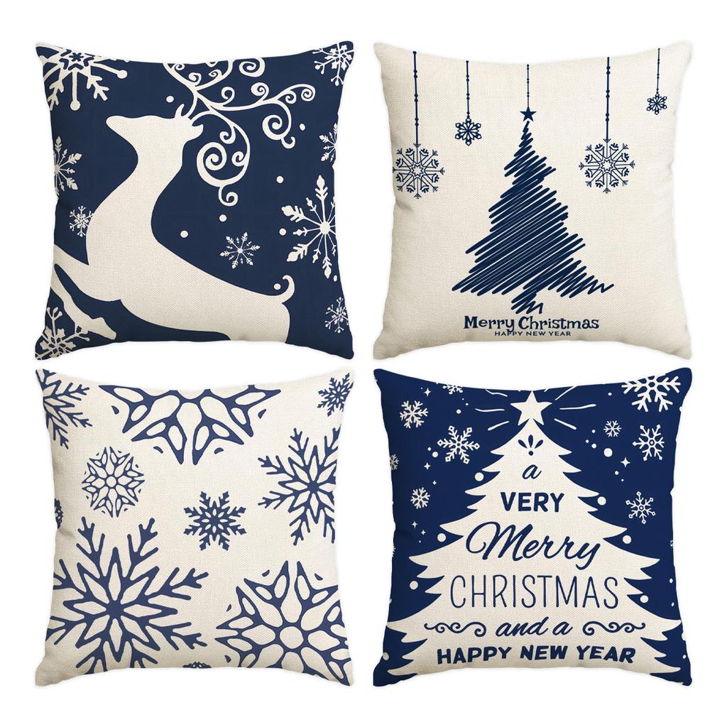 1 \ 4pcs blue Christmas pillow cover, single-sided printed cushion cover, suitable for living room sofas (without pillow core)