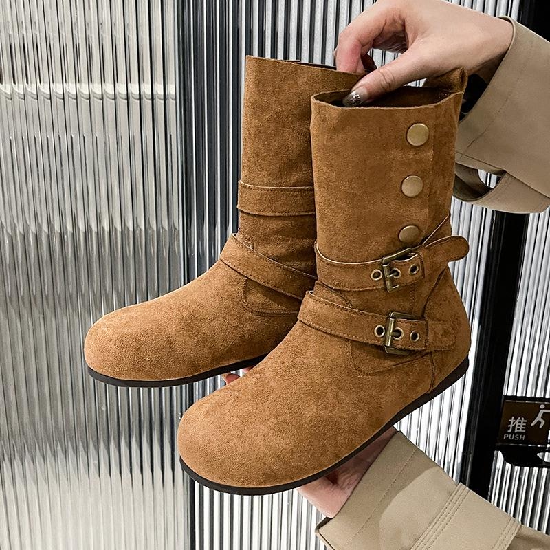 

Матовые кожаные двухсторонние полусапожки-трубы средней высоты в стиле вестерн, ковбойские модные сапоги, женские осенне-зимние ретро простые и удобные на плоской подошве 40 верблюд