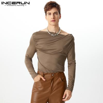 INCERUN Men Spring Long Sleeve Ruffled Off Shoulder Irregular Tops Party T-shirts