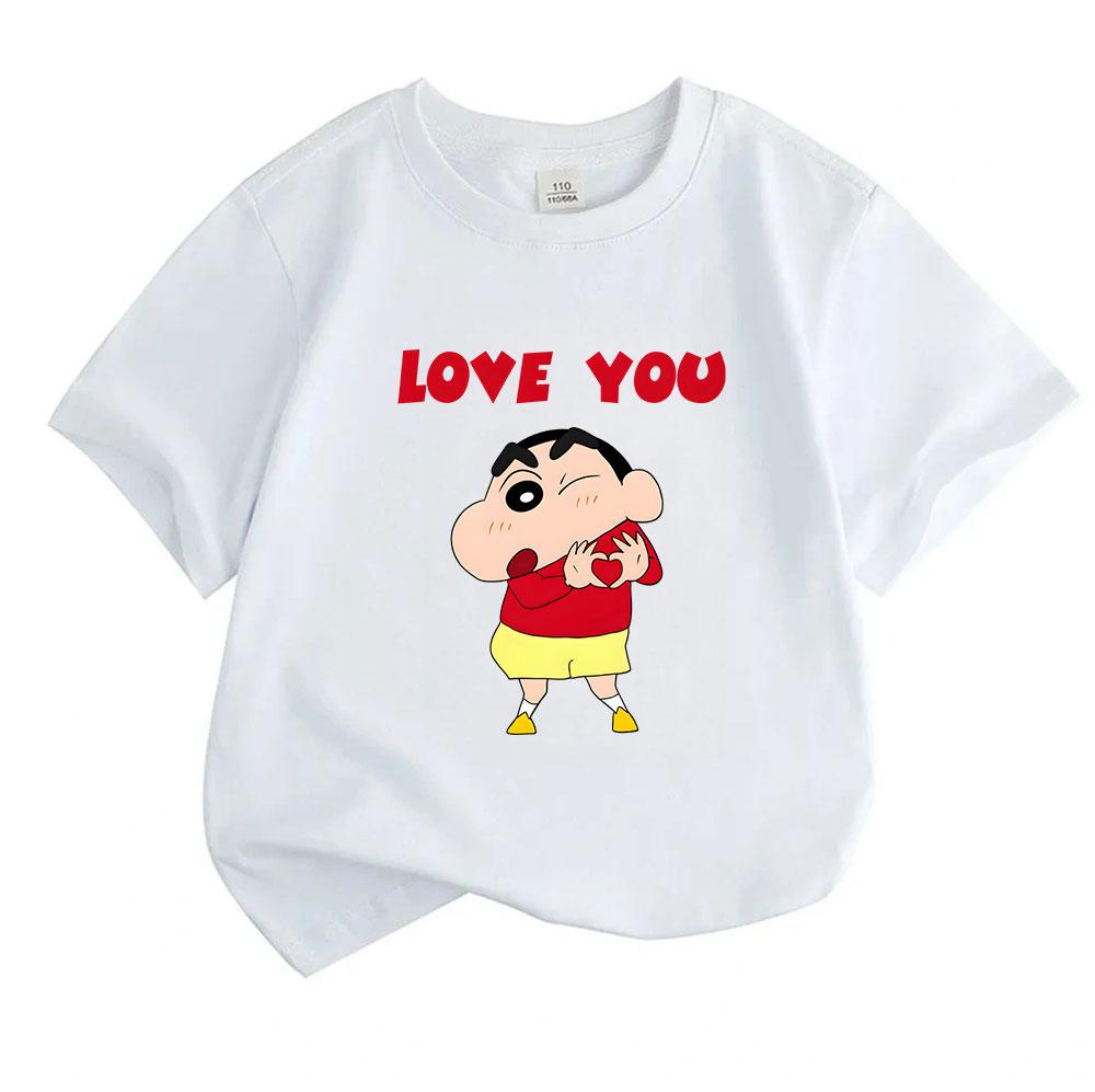 Kids Boys Girls Crew Neck Short Sleeve 100% Cotton T-Shirt, Cute Cartoon Character Print LOVE YOU Heart Pattern Casual Breathable Summer Tee for Child