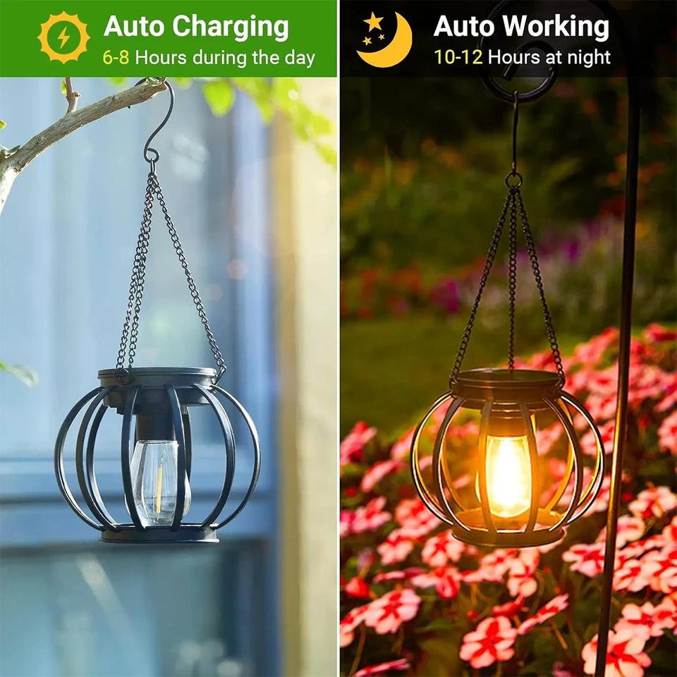 Solar Lantern Led Light Warm White Lamp Outdoor Sensor Garden Lights Waterproof Patio Yard Decoraiton Hanging For/outdoor Hollow