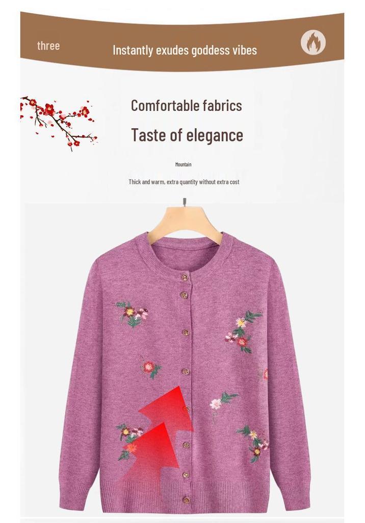 Grandma's Embroidered Knitted Cardigan for Middle-Aged and Elderly Ladies - Spring/Autumn Sweater Jacket for Women.