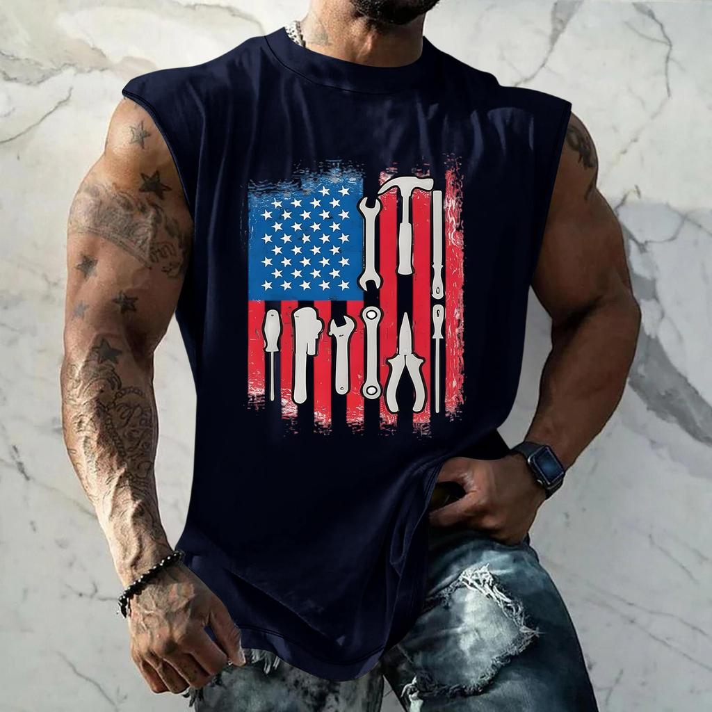Men's Loose Fit Sleeveless Tank Top Casual Sportswear Muscle Shirt with Tool Print Graphic for Labor Day Outdoor Activities