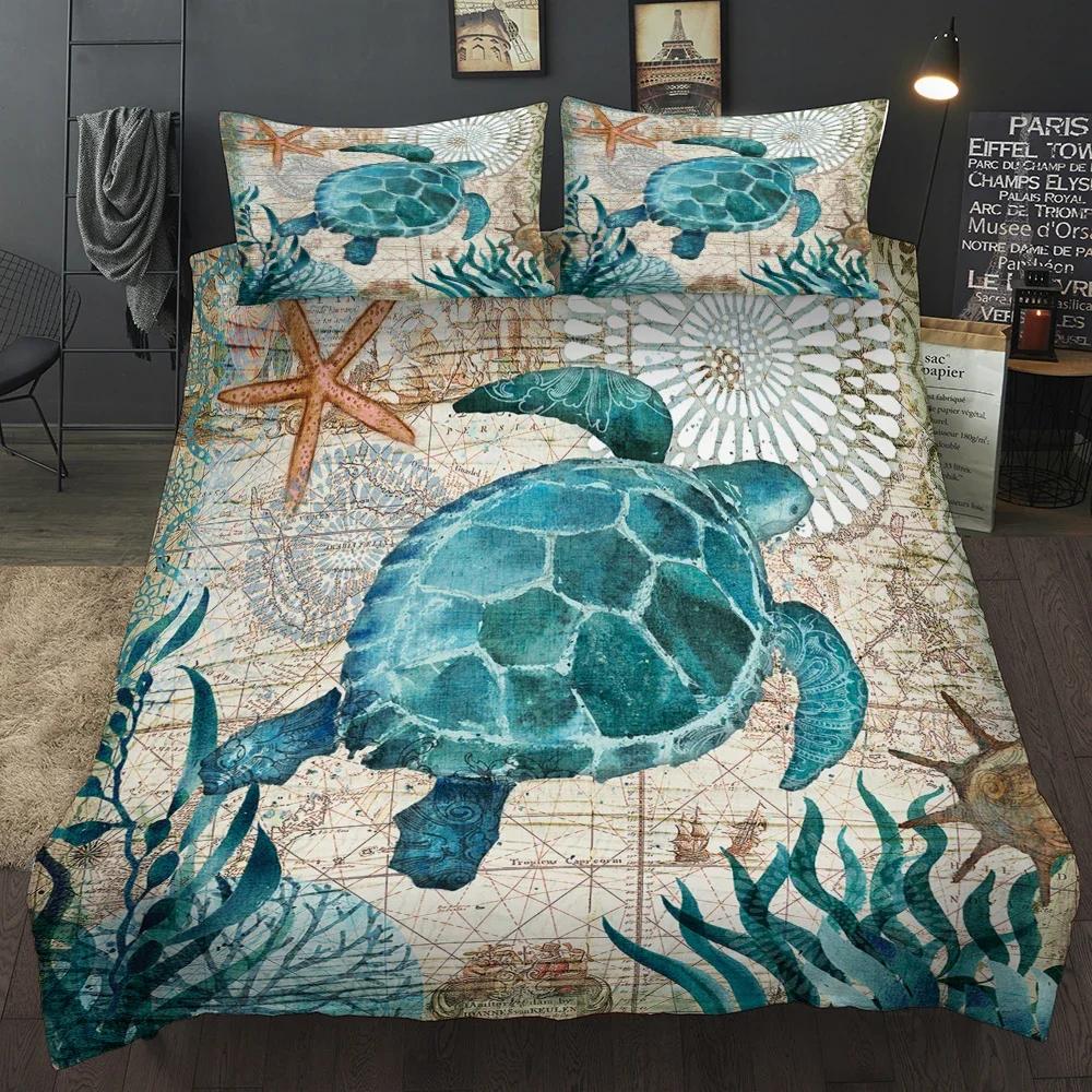 Comforter 3D Starfishseaweed +Pillow Case Print Octopus Winter Home Bedding Set King Size Breathable Set Blue Aq