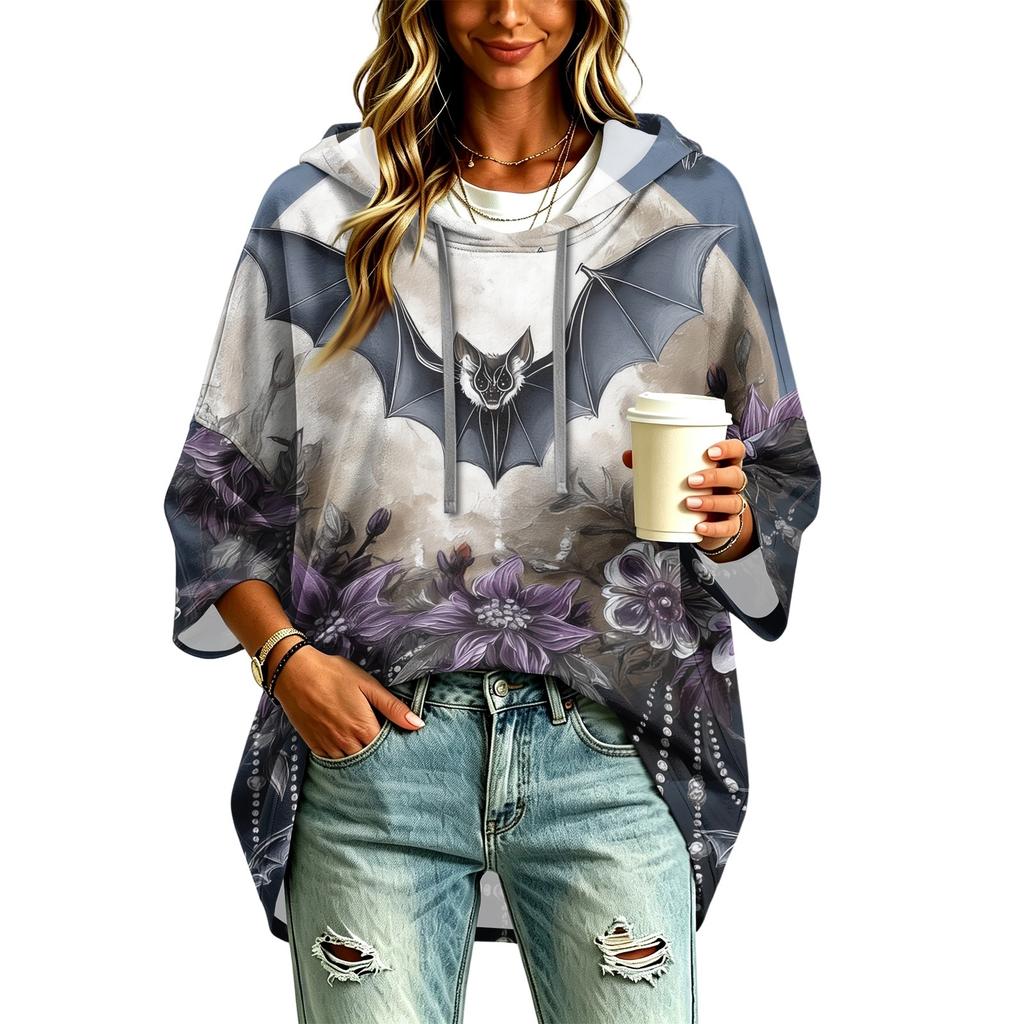 Women's Pullover Hoodie with Three-Quarter Sleeves, Halloween Print, Casual Top